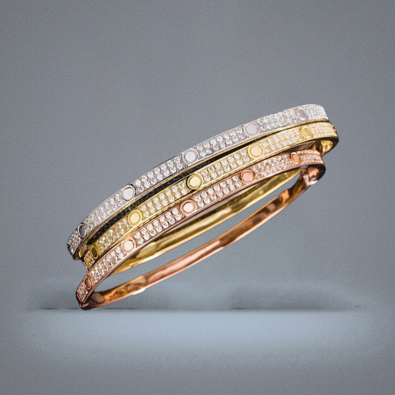 Fashion Full Diamond Bangle Stainless Steel Open Cuff Bracelet for Women Men Two Row Stone Bangles 3 Colour Selct Gold Silver Rosy