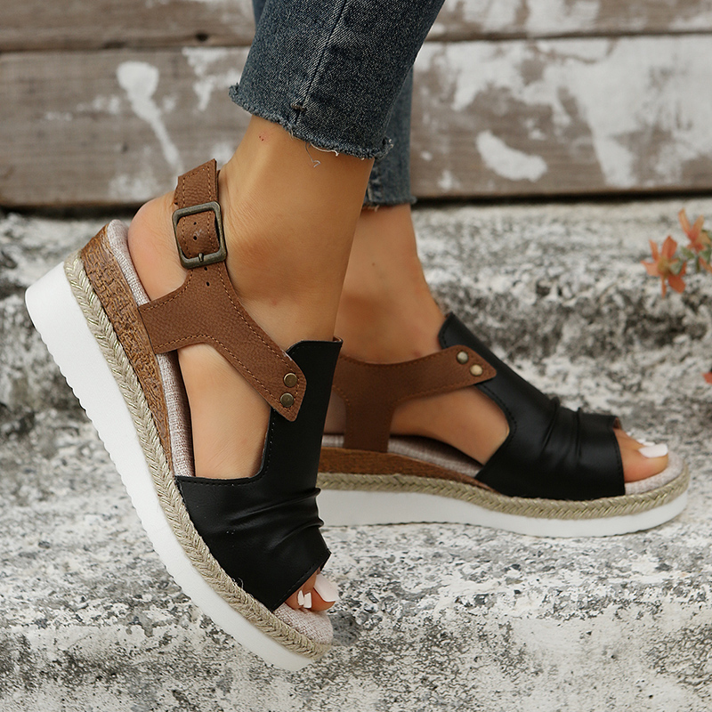 PU Pleated Leather Wedge Sandals for Women Back Strap Espadrilles Platform Sandles Woman 2023 Summer Thick Bottom Peep Toe Shoes 4abf Platm