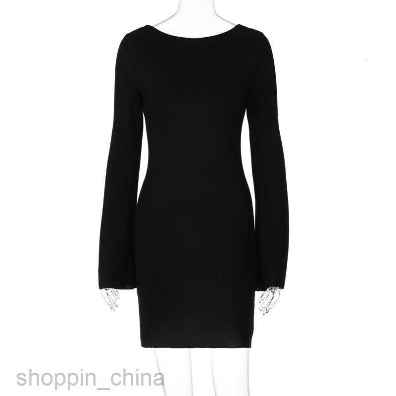 Basic Casual Women Dresses Feng Spring New Solid Color Ribbed Long sleeved Sexy Back Slim Dress for Women