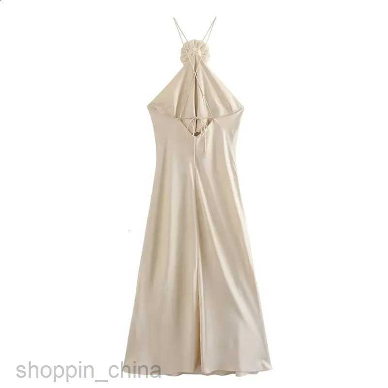 TRAF Flower Halter Dress Woman Shoulder Satin Long Women Backless Sexy Evening Dresses Summer Party For S02