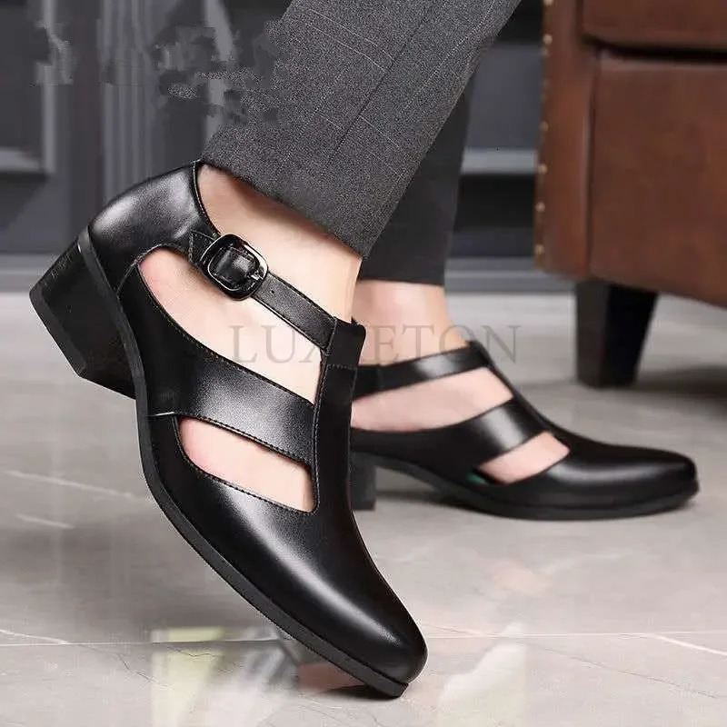 Mens Genuine Leather High Heel Dress Sandals Daily Business Office Work Sandals Trendy Hollow Pointed Toe Buckle Sandals 240612