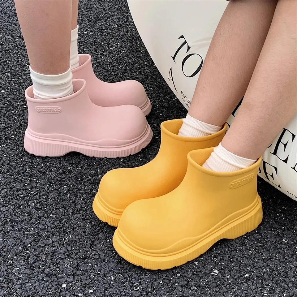 Fashion Softsole Waterproof Anti-slip Rubber Shoes Spring Summer Outer Ugly Moe Round Head Short Rain Boots Women Simple 240612