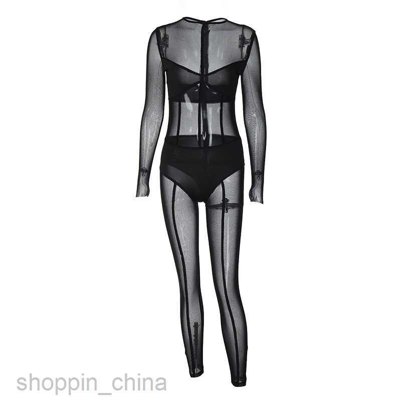 Basic Casual Women Dresses Wind Long sleeved Mesh Pants Summer New Women's Sexy Perspective jumpsuit