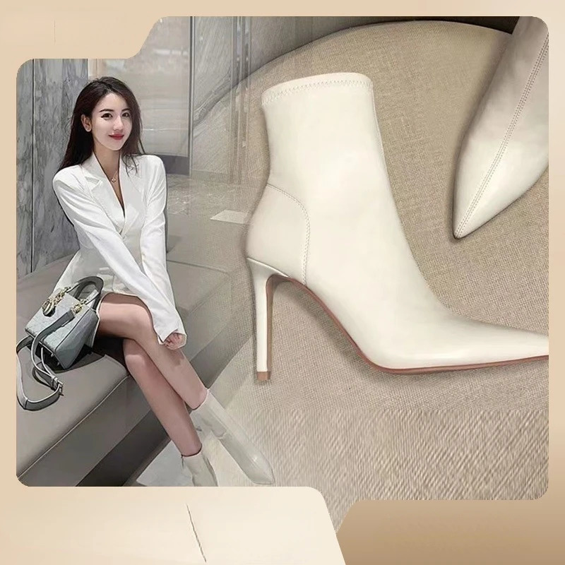Women Ankle Boot Pointed Toe High-heel Boot Stiletto Heels Leather Boot Fashion Side Zipper Elegant Short Boot Women Shoes 240612