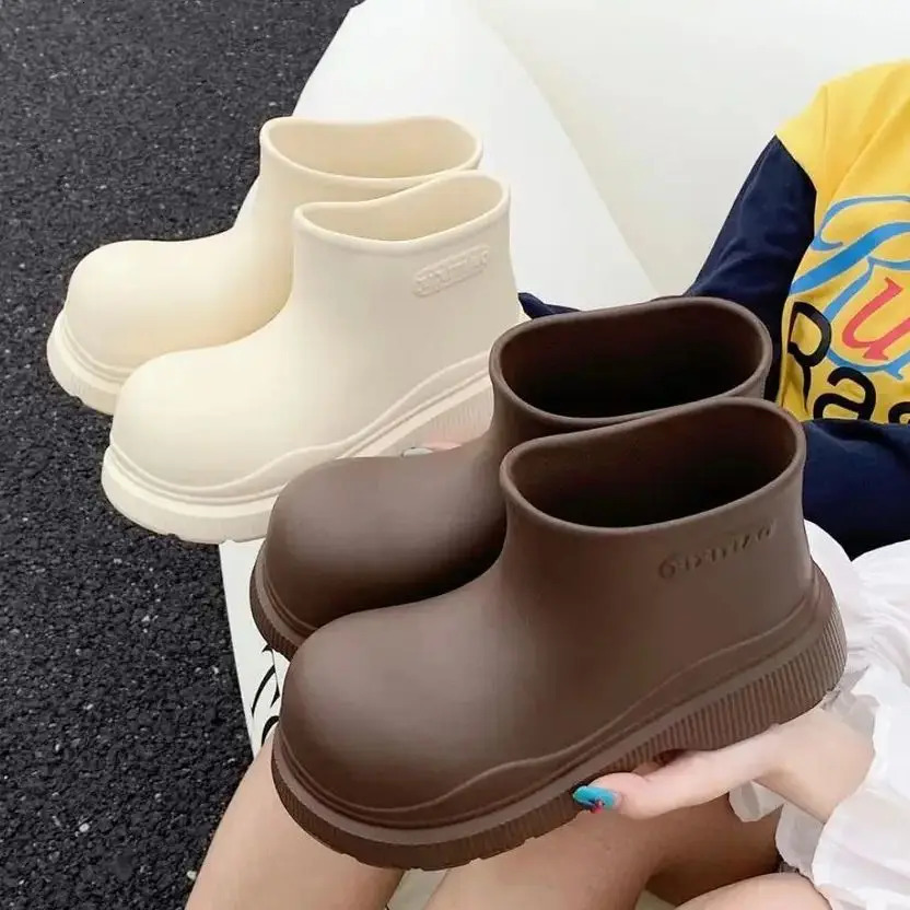 Fashion Softsole Waterproof Anti-slip Rubber Shoes Spring Summer Outer Ugly Moe Round Head Short Rain Boots Women Simple 240612