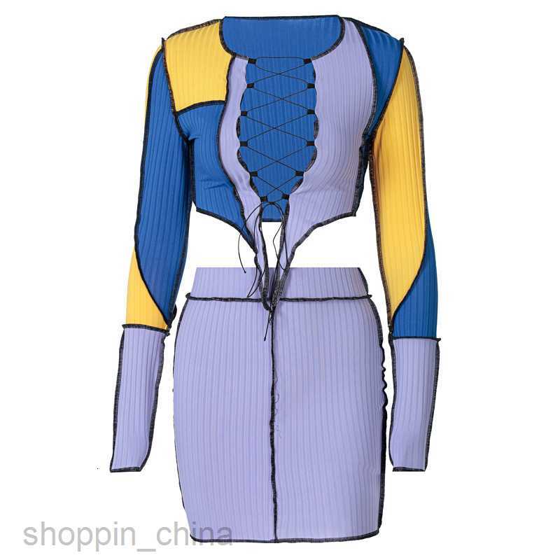 Two Piece Dress Sets summer new chest tie color contrast patchwork T-shirt short skirt reverse car edge set for women