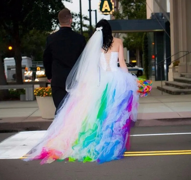 Rainbow High Low A-Line Wedding Dresses Halter Corset Boho Beach Wedding Gowns Colorful Tulle Country Bridal Dress 2024 Summer