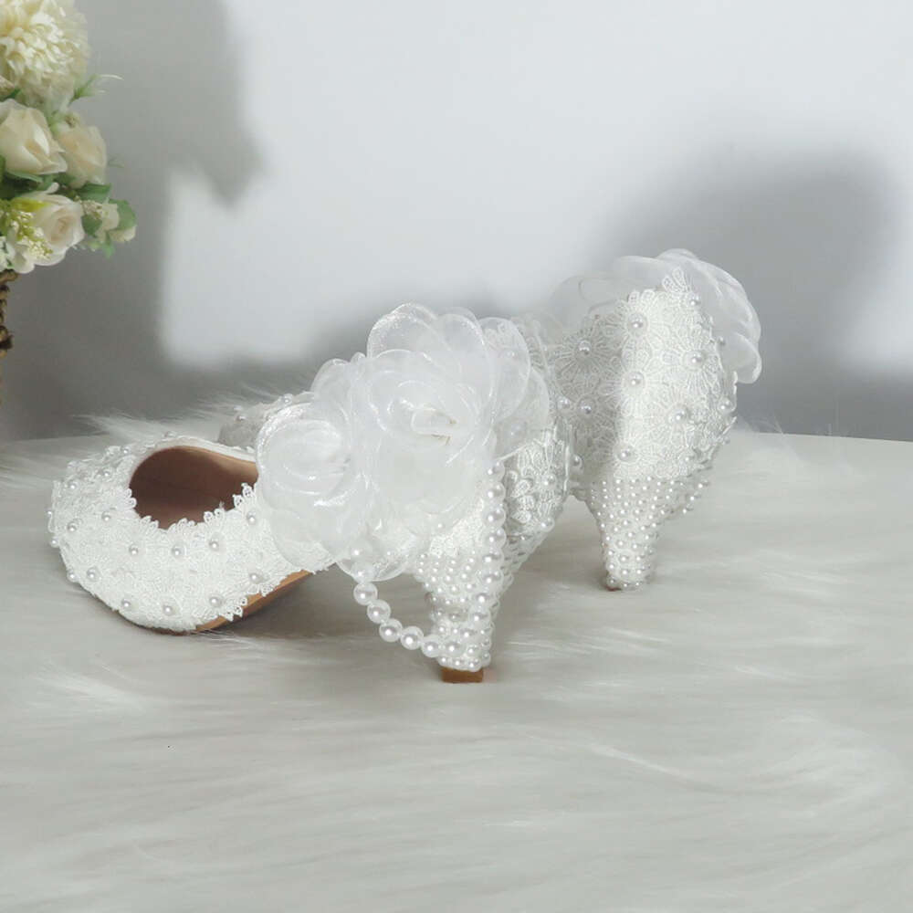 Baoyafang White Flower Women Wedding Bride Party Dress Woman High Heel Platform Shoes Ladies Handmade Lace Shoe