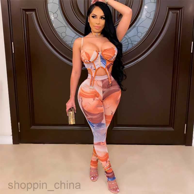 Women's Two Piece Sets Pants Spring Top New Zipper Printed Strap Small Tank Top Long Pants Casual Set for Women