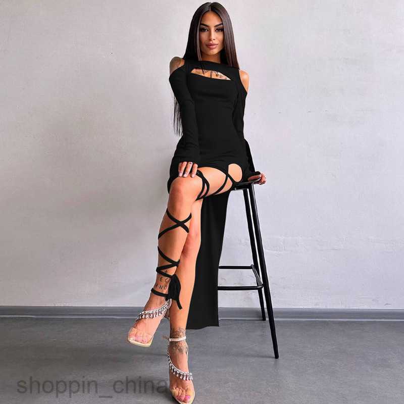 Basic Casual Dresses Sexy Leggings Split Dress Style Spring Women's New Solid Color Long sleeved Hollow Long Skirt