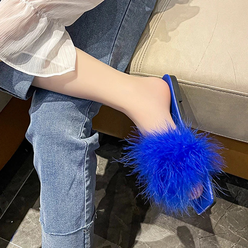 Lucyever Blue Summer Flat Fur Slipper Women Soft Bottom Non Slip Slides Shoes Woman Fashion Square Toe Fluffy Slippers 240612