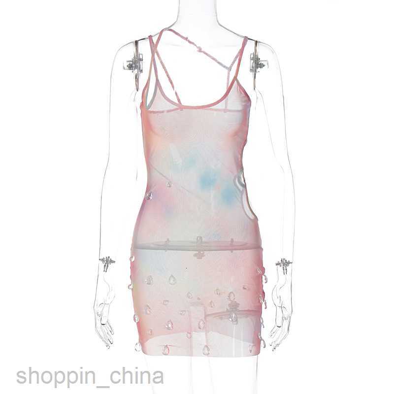 Basic Casual Women Dresses Women's Spring New Sexy Perspective Mesh Side Hollow Diamonds Hanging Straps Waist Dress for Women