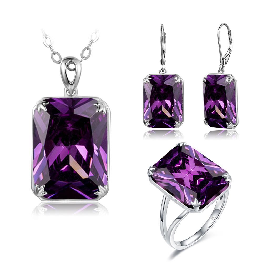 Silver 925 Jewelry Sets For Women Vintage Purple Amethyst Gemstones Ring Earrings Pendants Set Silver Jewelry Set Gifts