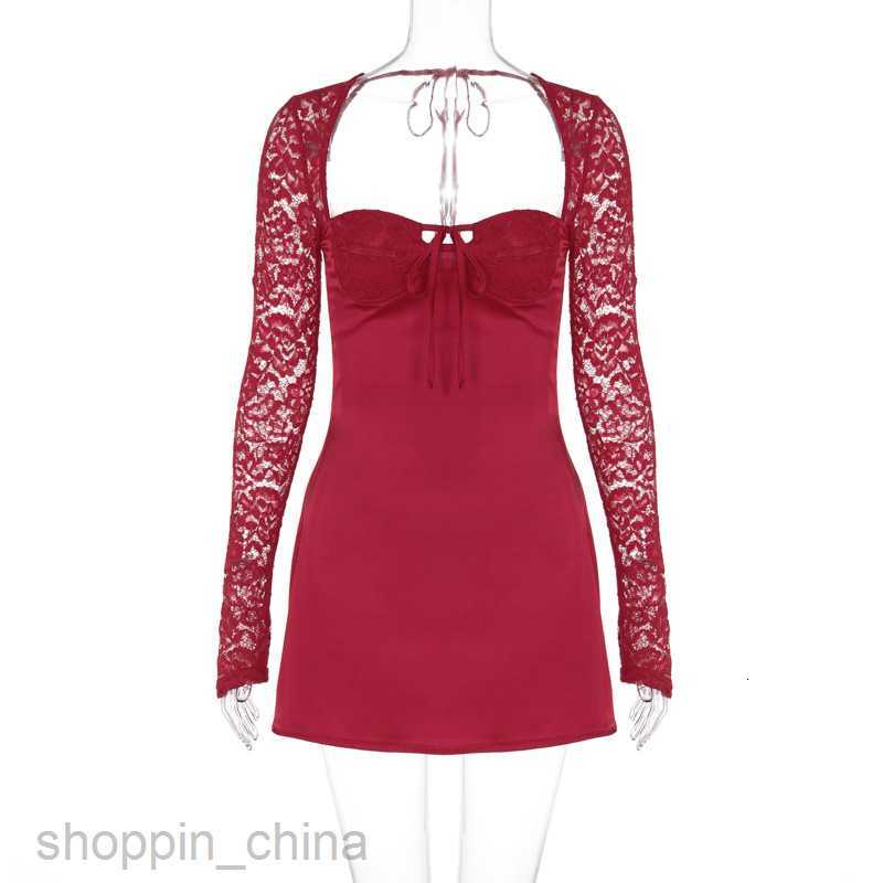 Basic Casual Women Dresses women's clothing sexy chest wrap close fitting patchwork lace long sleeved lace up hanging neck sexy short dress