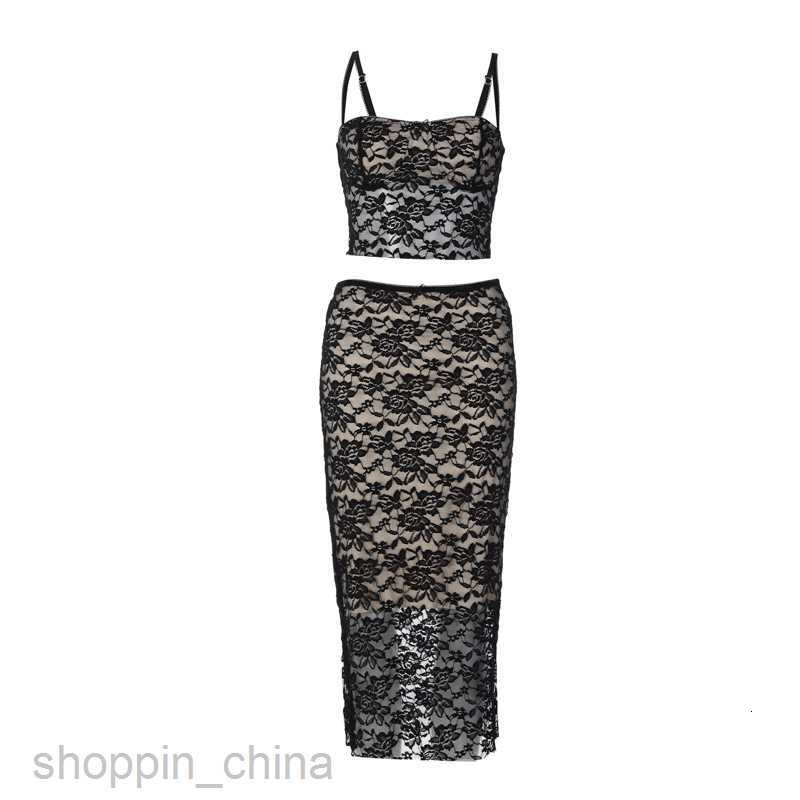 Two Piece Dress Sets Spring New Sexy Splicing Lace Small Sling Middle Group Women's Clothing Bag Hip Inner Village Set