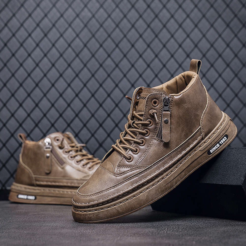 Men's New Outdoor Skateboarding Shoes PU Leather Upper Lace-Up Zipper Black Flat Walking sneakers