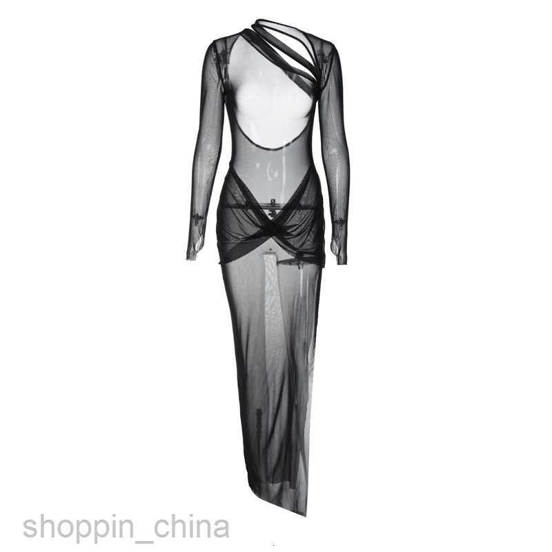 Basic Casual Women Dresses Women's Spring New Long sleeved Sexy Mesh Perspective Long Skirt Hollow Open Back Dress for Women