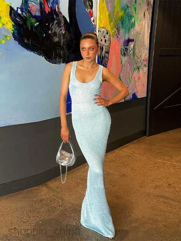 Chic Slim Uneck Sequin Knitted Maxi Dress Lady Fashion Sleeveless Backless Suspender Robes Women Elegant Party Vestidos S02