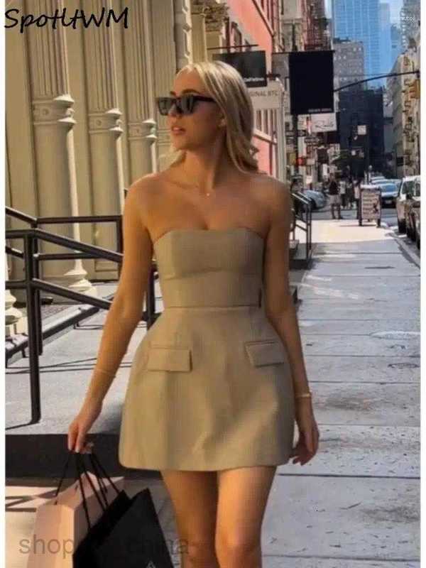 Casual Dresses Sexy Solid Strapless Mini Dress For Women Elegant Slim Backless Pockets A-line Female Chic Street Vestido Robe G05