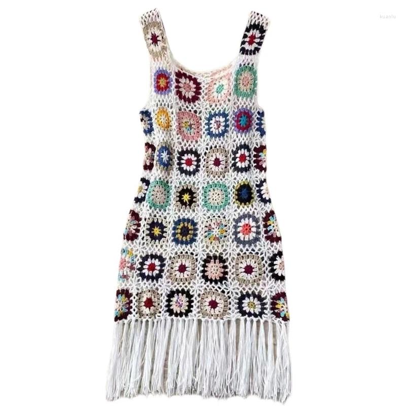Casual Dresses Women Crocheted Flower Beach Sleeveless Square Neck A Line Short Cover Up Dress 10CF