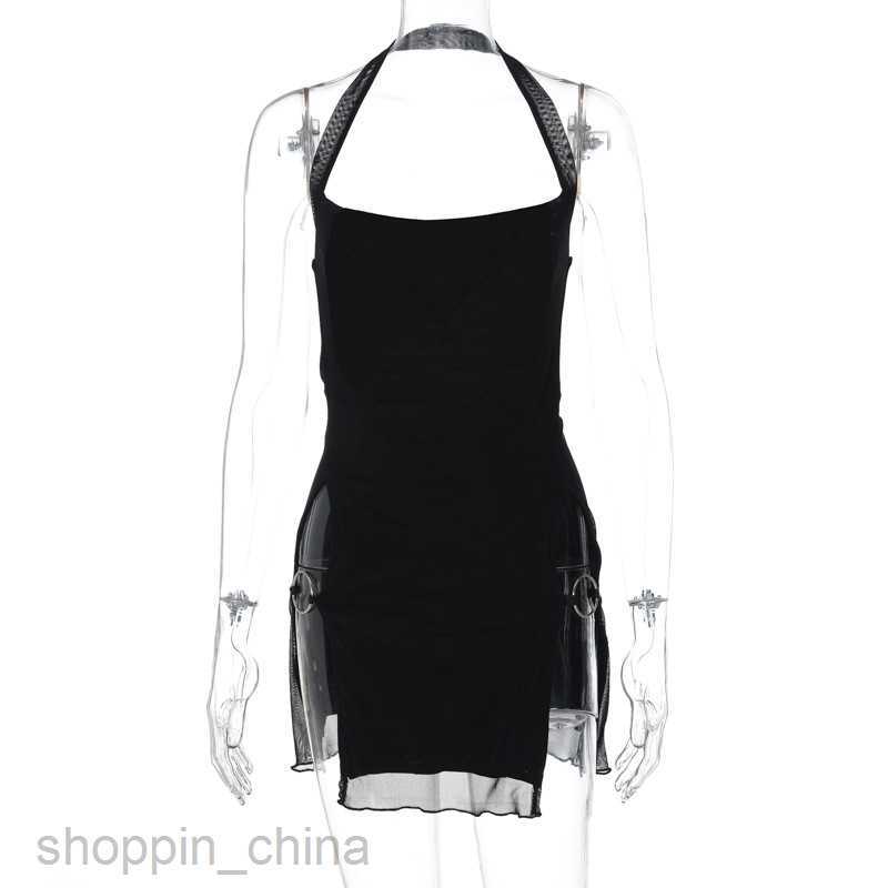 Basic Casual Dresses Sexy Spicy Girl Style Short Skirt Summer New Women's Wear Hanging Neck Split Mesh Perspective Wrap Hip Dress