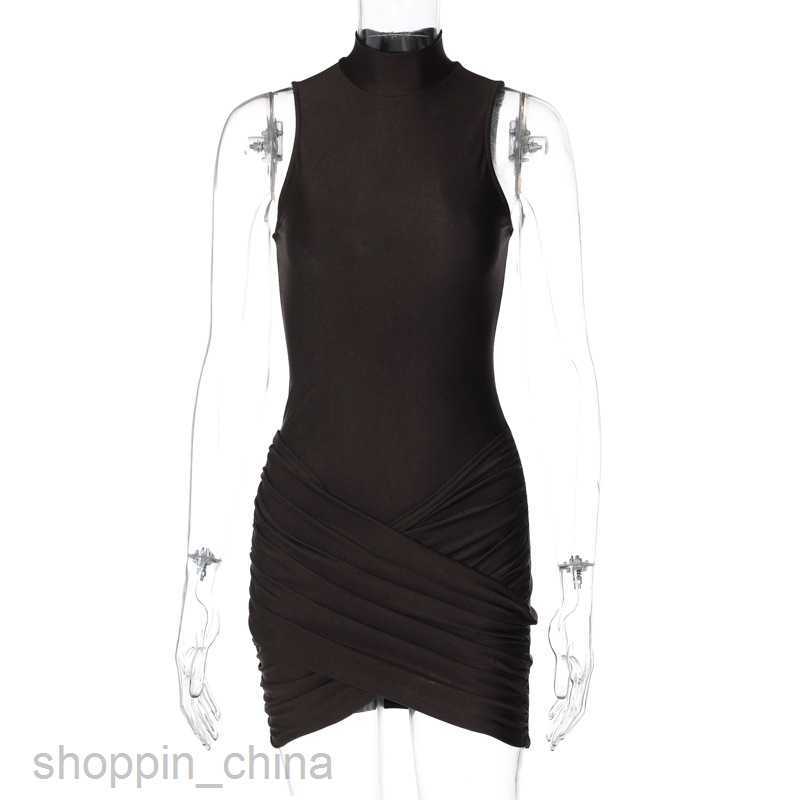 Basic Casual Dresses New Women's Fashion Neck Sleeveless Zipper Solid Color Panel Pleated Wrapped Hip Dress