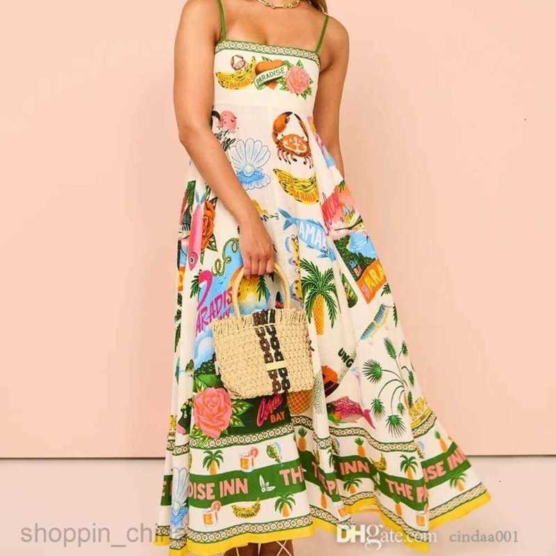 Women Dress Designer New Sexy Suspender Graffiti Cotton And Linen Printed Large Hem Dresses 6 Colours G05
