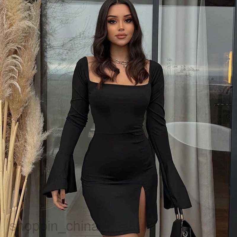 Basic Casual Dresses Feng Spring New Women's Solid Color Horn Long sleeved Split Short Skirt Sexy Wrapped Hip Dress