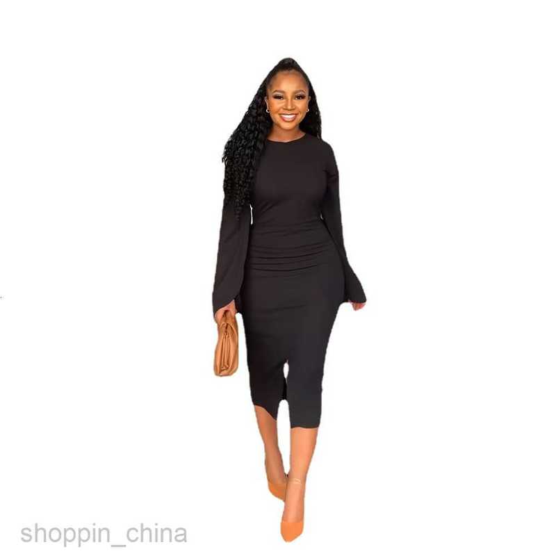 Basic Casual Women Dresses women's solid color casual round neck split sleeve slim fitting dress