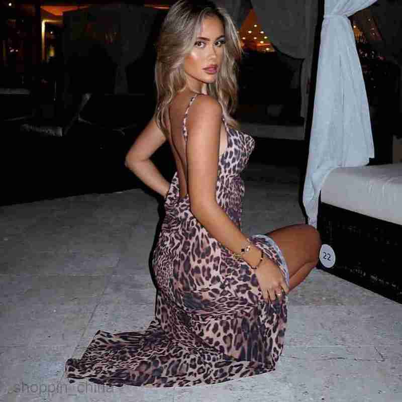 Basic Casual Dresses Summer Street Style New Fashion Leopard Print Sexy V-neck Split Strap Dress for Women Shirt Dress