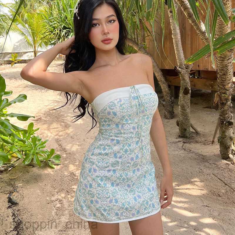 Basic Casual Dresses Women's clothing summer fashion lapel patchwork lace up chest wrap buttocks sweet floral dress