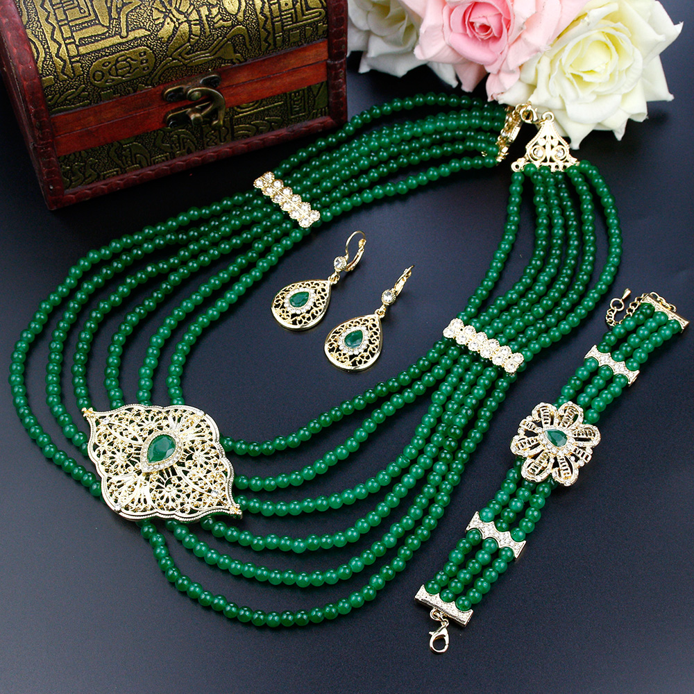 Sunspicems Algeria Morocco Bead Pearl Jewelry Sets Bridal Wedding Long Necklace Bracelet Earring Gold Color Arabic Caftan Bijoux