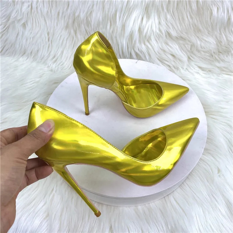 patent leather gold high-heeled shoes 12CM pointed thin heel sexy single shoes side empty wedding pumps 240612