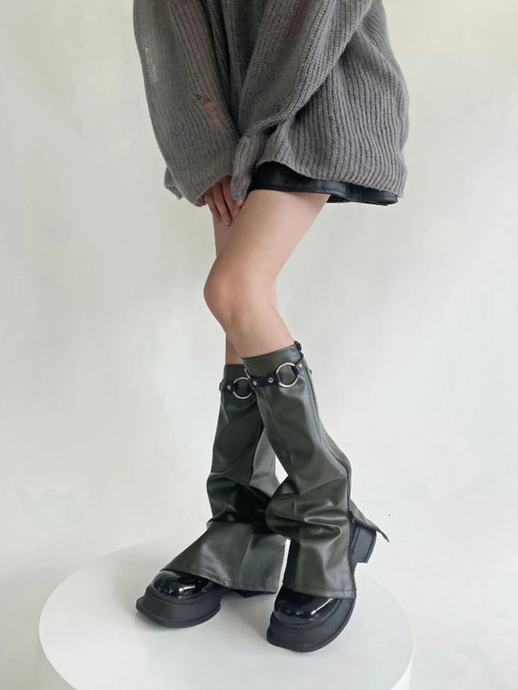 REDDACHiC Goth Zip-up Womens Leg Warmers with Calf Leg Ring Faux Leather Boots Covers Knee Long Socks Vintage Y2k Streetwear 240613
