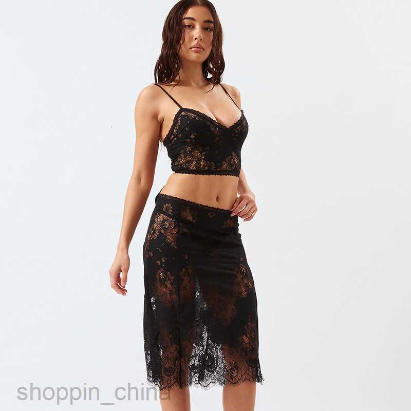 Two Piece Dress Sets Summer Sweet and Sexy V-Hollow Open Back Lace Strap Hanging Strap Wrap Hip Perspective Lace Edge Long Skirt Set for Women