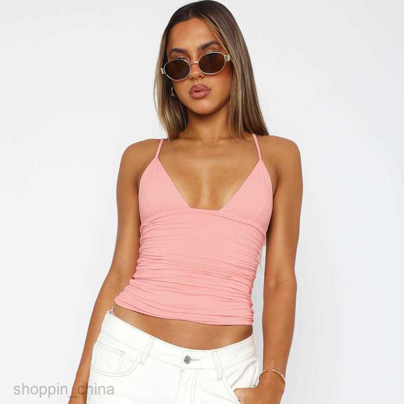 Women's T Shirt style fashionable street style sexy V-neck solid color exposed navel versatile slim fit style small strap tees tops