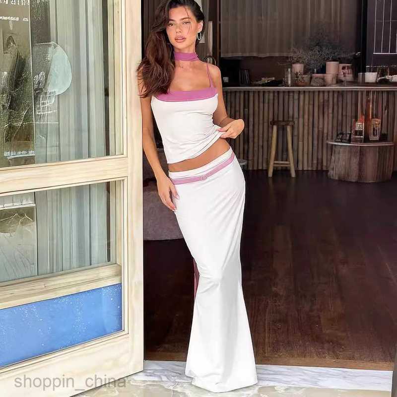 Two Piece Dress Sets Women's clothing summer new fashionable contrasting color suspender vest two-piece long skirt set for women