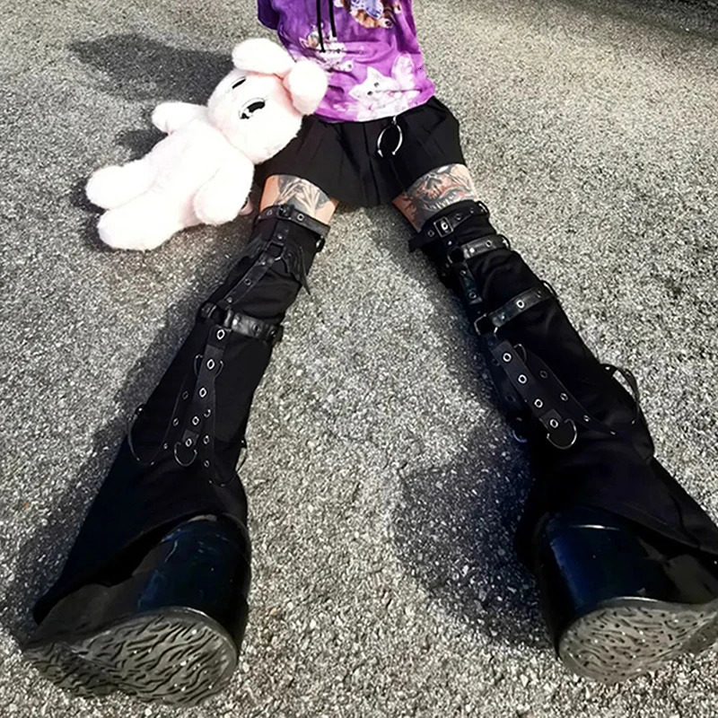 Fall Winter Black Metal Buckle Leg Warmers Knitted Punk Style Ankle Leg Warmer y2k High Knee Legging Boot Socks Thigh High Socks 240613