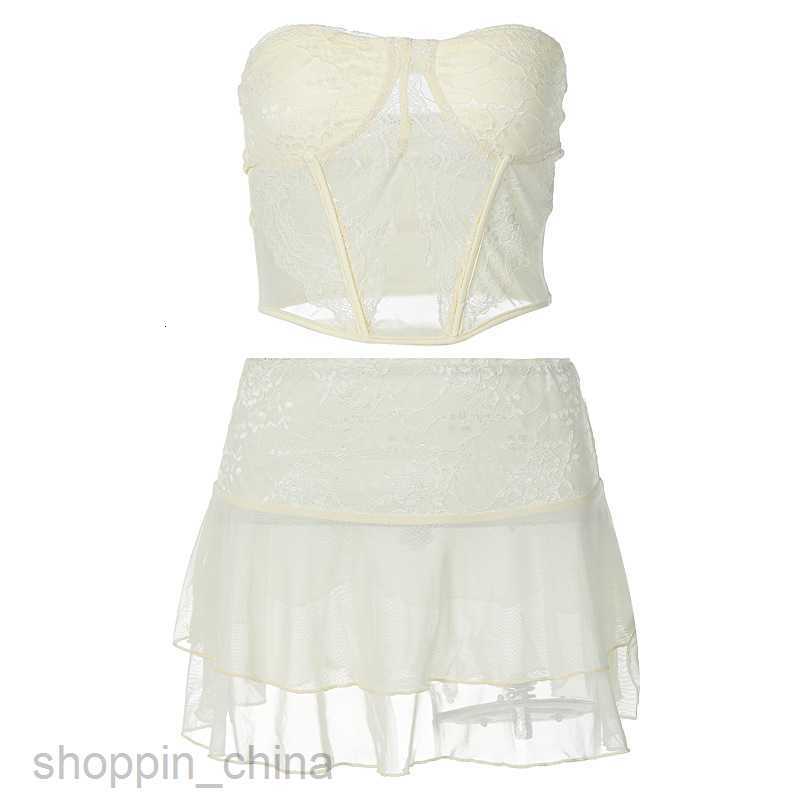Two Piece Dress Sets Explosive new women's wear sexy collage lace perspective chest wrap super short double-layer pure desire short skirt suit (w