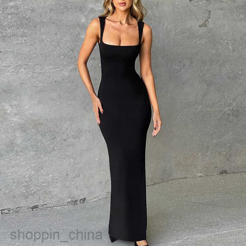 Basic Casual Dresses Women's Fashion Solid Color Temperament Style Sexy Square Neck Double layered Versatile Wrapped Hip Dress for Women
