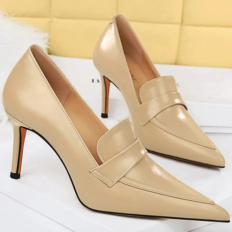 Elegant Women 8cm High Heels Slipony Pumps Retro Classic Pu Leather Stiletto Thin Heels Lady Brown Office Roman Simple Shoes 240612