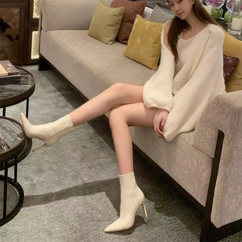 Women Ankle Boot Pointed Toe High-heel Boot Stiletto Heels Leather Boot Fashion Side Zipper Elegant Short Boot Women Shoes 240612