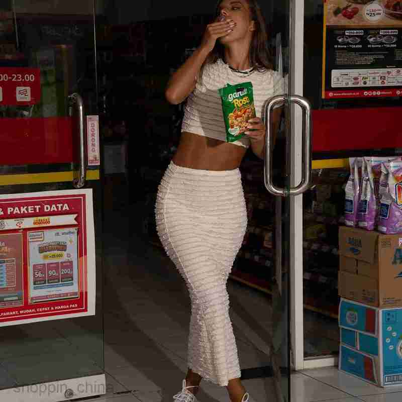 Two Piece Dress Sets Women's New Solid Color Fashion Pleated Slim Fit Pullover Short Sleeve Temperament Louver Pleated Long Skirt Set