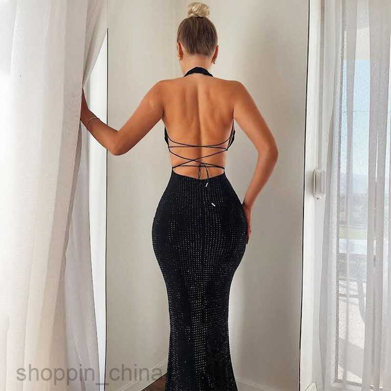 Basic Casual Dresses Wind Women's Summer New Hanging Neck Open Back Sexy Tie up Slim Fit Wrapped Hip Dress