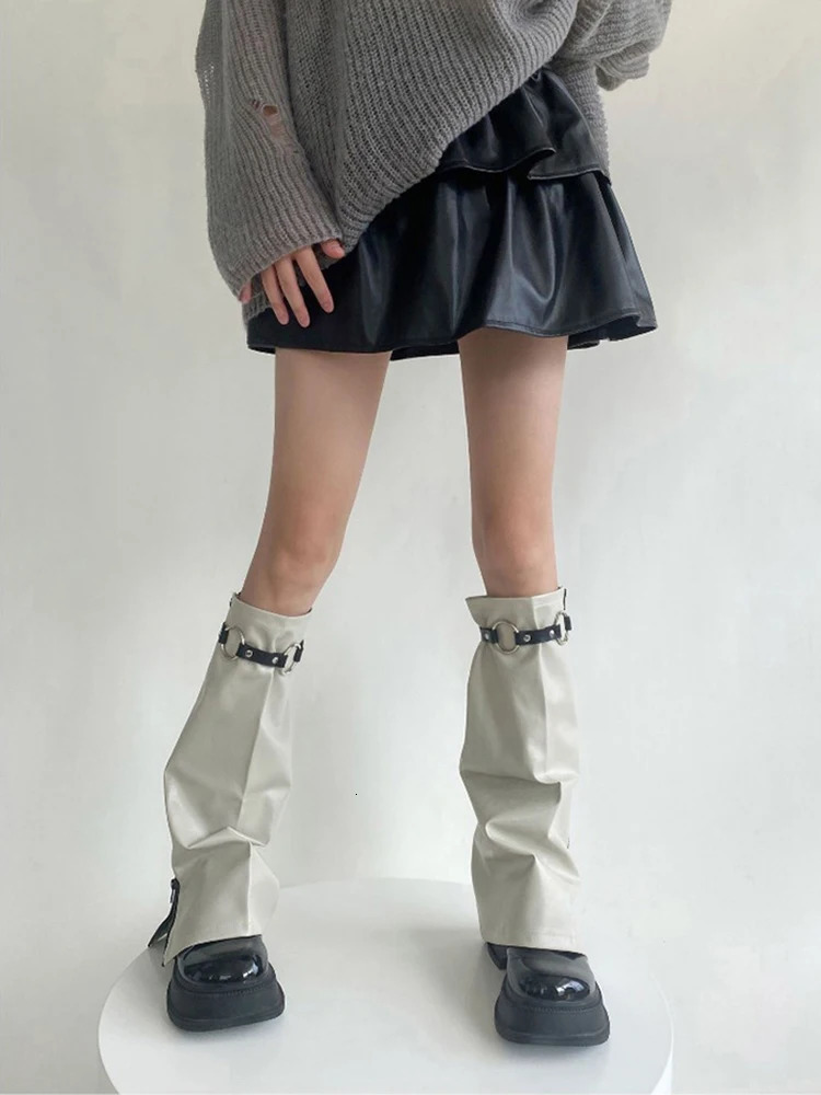 REDDACHiC Goth Zip-up Womens Leg Warmers with Calf Leg Ring Faux Leather Boots Covers Knee Long Socks Vintage Y2k Streetwear 240613