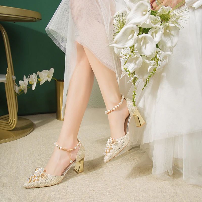 Spring white lace beaded tassel stiletto bridal wedding shoes rhinestone large size single shoes banquet dress women sandals 240612