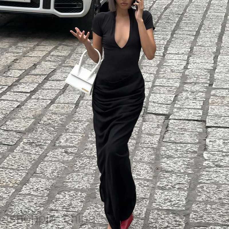Basic Casual Women Dresses Spring New Women's Sexy Deep V Short sleeved Solid Color Spicy Girl Style Pleated Long Dress