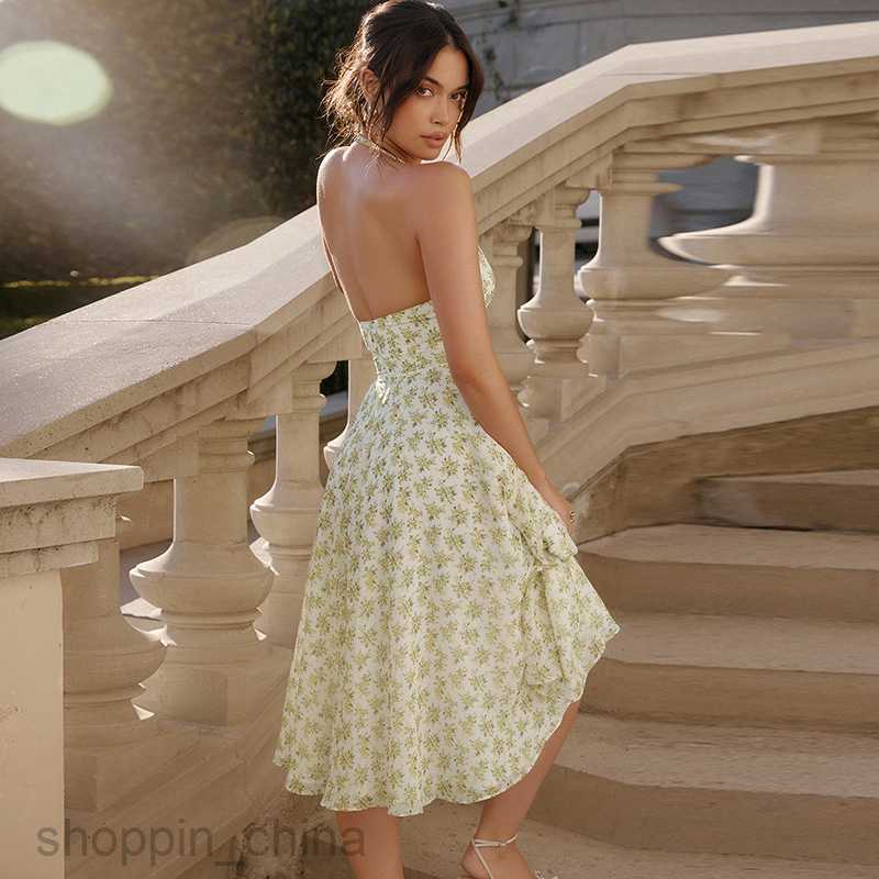 Basic Casual Women Dresses Women's Summer Sweet Style Back Hanging Neck Fashion Fragmented Flower Pattern Tie Waist Versatile Big Swing Dress Wom