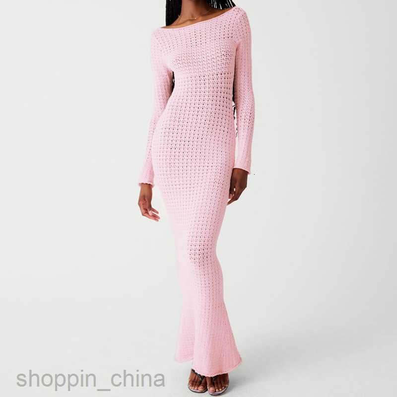 Basic Casual Women Dresses Sexy backless sweater knitted dress for women's clothing spring new long sleeved solid color slim fit long dress for w