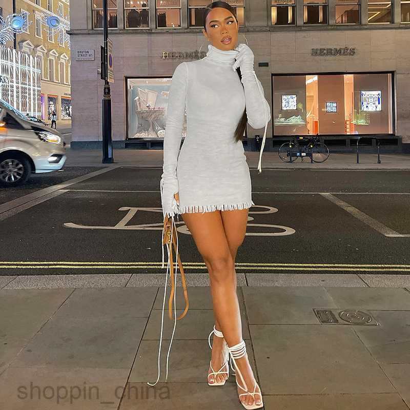 Basic Casual Dresses Spring New Fashion High Neck Slim Fit Long Sleeve Street Style Sexy Fragmented Edge Short Dress for Women Shirt Dress